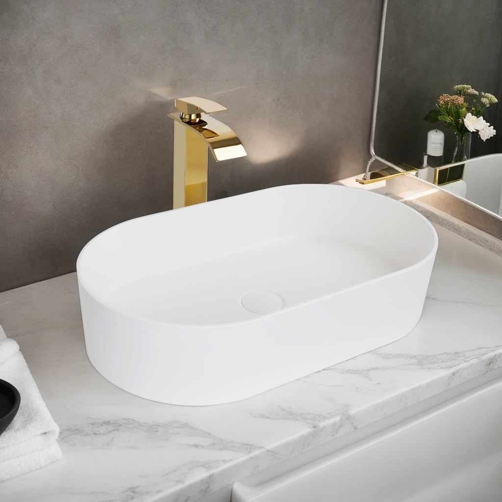 Bathroom Vessel Sink,White Vessel Sink,Oval Stone Resin Vessel Sink with Waterfall Faucet and Pop-Up Drain Combo,Bathroom Sink Above Counter,Artistic Boat Shape Stone Sink