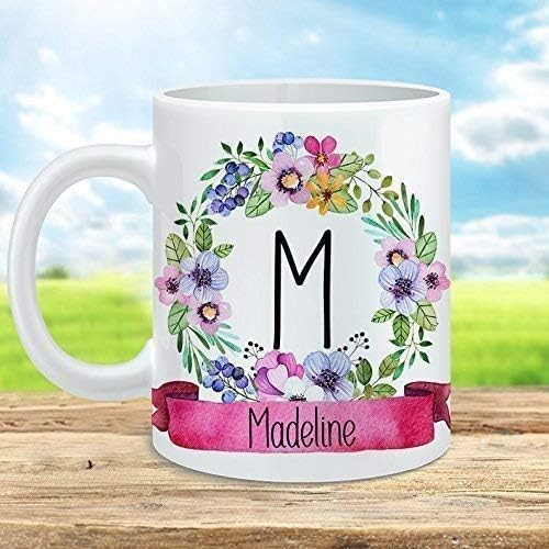 Personalized Name Coffee Mug Floral Monogram Cup Ceramic Microwave and Dishwasher Safe