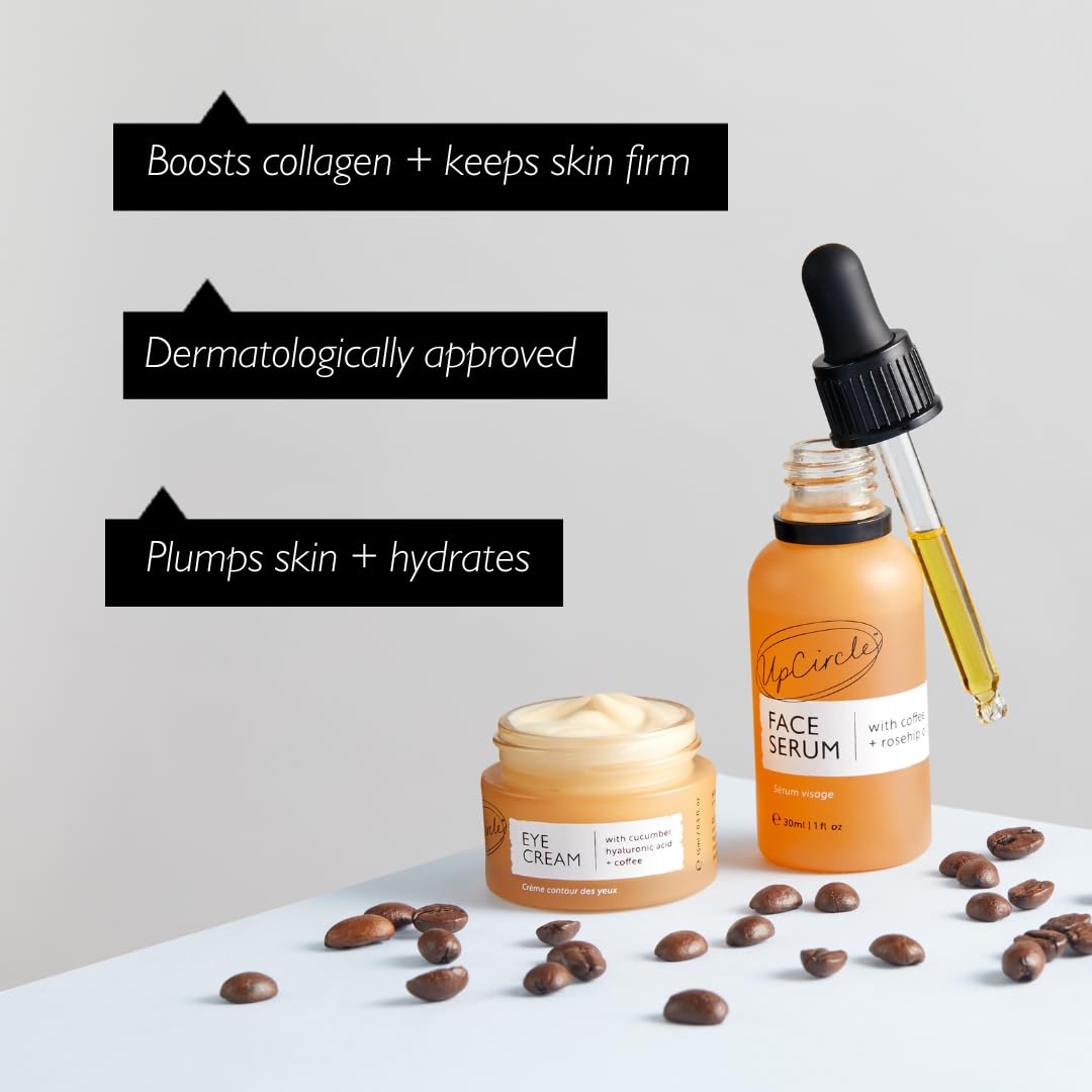 UpCircle Duo caféiné – Notre sérum visage et crème pour les yeux – Vitamine C, acide hyaluronique + huile de café – Unifie le teint de la peau, réduit les poches et les cernes – Végétalien + sans