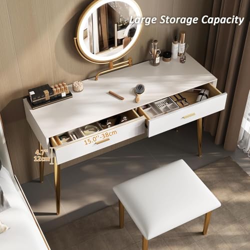 Mesa de maquillaje iluminada para dormitorio tocador blanco compacto con taburete cómodo 4