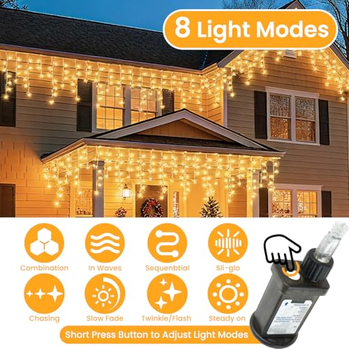 Outdoor Christmas Lights, 400LED 10M Icicle Lights Outdoor Waterproof, Mains Powered Fairy Lights Plug In with 8 Modes & Timer, Warm White String Light for Outside Gutter House Roof Xmas Decorations