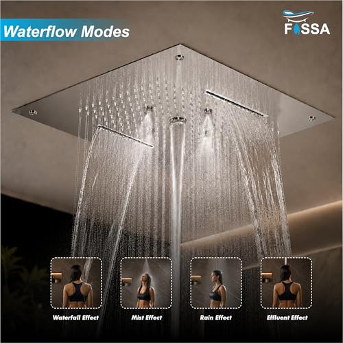 Image of Fossa 5-Year Warranty 304 Stainless Steel 22 x 20 Inch Ceiling Mounted Circular, Linear, Mist, Rain with LED and Silicone Nozzles for Bathroom, Silver (Chrome Finish)