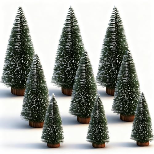 Mini Árbol de Navidad Artificial de Sisal, Mini Navidad Verde Árbol Artificial Abeto, Mini árbol de Navidad Pequeño, con Bases de Madera, para Decoración del Hogar, Navidad, 3 Tamaños, 9 Piezas