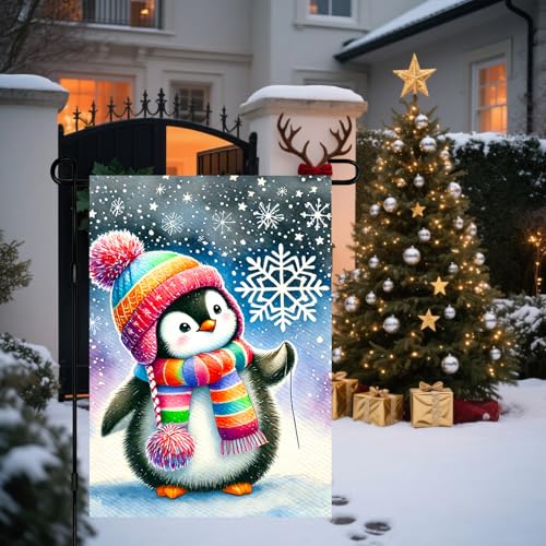 Image of BlissYard Garden Flag Penguin Snowflake Winter 12x18 Inch Polyester