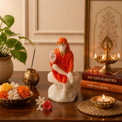 Image of eCraftIndia Sai Baba Idol for Home Temple | Marble Finish Shirdi Sai Baba Murti | Spiritual Decorative Showpiece for Home Decor & Gifting | Orange & White Finish