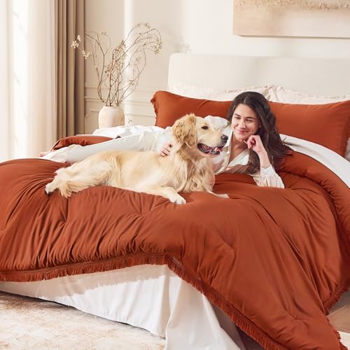 Image of Andency Comforter Full Size Set Burnt Orange, 3 Pieces Boho Terracotta Winter Lightweight Bedding Comforter Sets, All Season Rust Tassel Bed Set (79x90In Comforter & 2 Pillowcases)