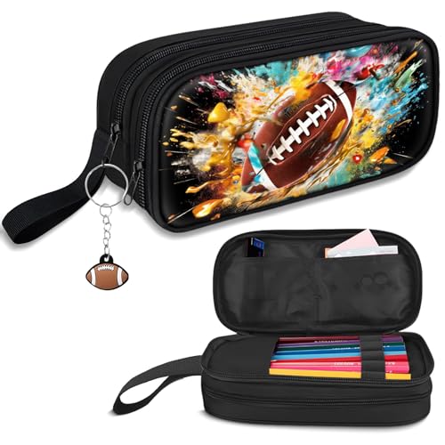 Image of TILYTADLY Large Pencil Case for Boys - American Football Boys Pencil Pouch with Zipper Compartments - Big Capacity Pen Box Pen Bag Organizer with Keychain for Kids Teens School