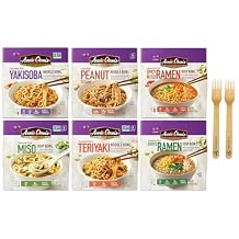 Annie Chuns Japanese Style Noodle and Soup Bowls Bundlle with Yakisoba, Peanut Sesame, Spicy Miso Ramen, Miso, Teriyaki, Shoyu Ramen, Pack of 6, and Make Your Day Sporks