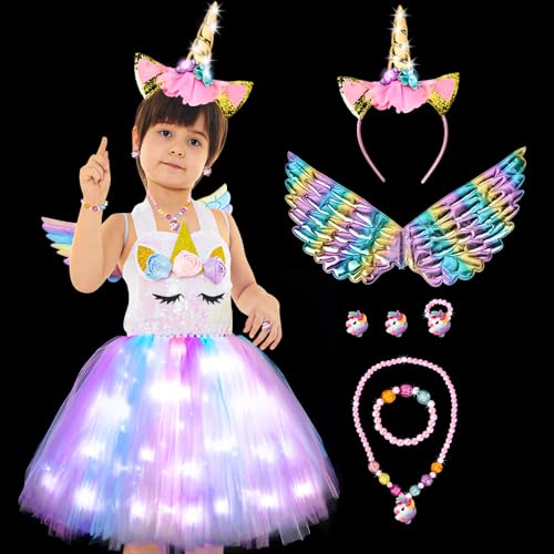 JONRRYIN Unicornio Falda Tutu, Disfraces Unicornio con LED, Disfraz de Unicornio Arco Iris para Niños, Vestido de Unicornio con Alas, Fiesta de Carnaval, Adecuado para Niños de 2 a 8 Años (L)
