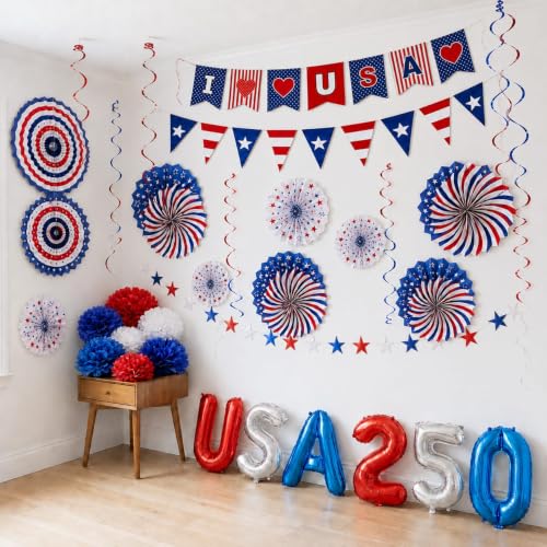 27 Pcs Patriotic Decorations 4th of July Decorations Banner Red White Hanging Swirls for Veterans Labor Presidents Flag Memorial Day (USA DECOR) by Festive Find Store - Used condition - US$8.17