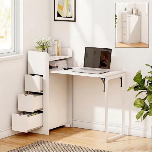 LAUSAINT HOME Wall Mounted Foldable Desk Space Saving Hidden Desk with Storage & Power Outlet Fold Out Table for Small Spaces Home Office Bedroom White