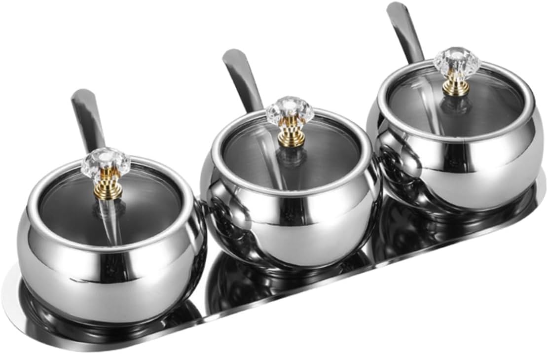 Ciieeo Stainless Steel Sugar Bowl and Condiment Canisters Set with Lid, Spoon, and Tray – 4pcs Seasoning Container Set for Kitchen Salt, Coffee, and Spice Storage