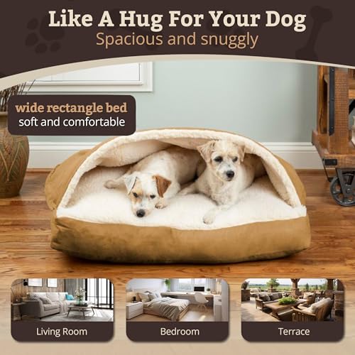 Image of Snoozer Rectangle Cozy Cave Dog Bed, Hooded Dog Bed, Camel (L)