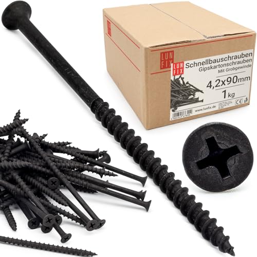Lun Fix Schnellbauschrauben 4,2 x 90 mm 1Kg - 170 Stück |Trockenbauschrauben Mit Grobgewinde |Gipskartonschrauben |Schwarz Rigipsschrauben für Gipskartonplatten |Gipsplattenschrauben, Schnellschrauben