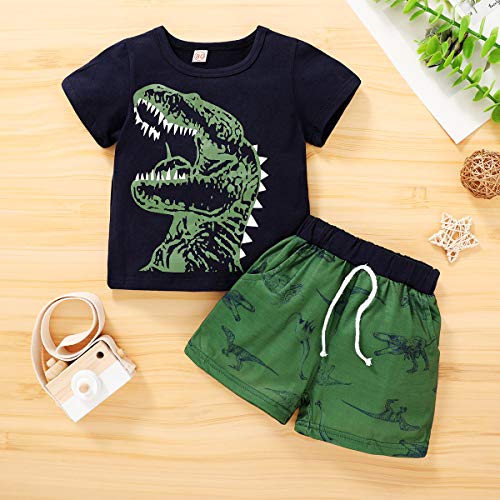 Seven Young Toddler Baby Boy Summer Clothes Dinosaur Printed Short Sleeve T-Shirt Top + Short Pants 2Pcs Boys Outfit Set (Green, 12-18 Months) #TOP1