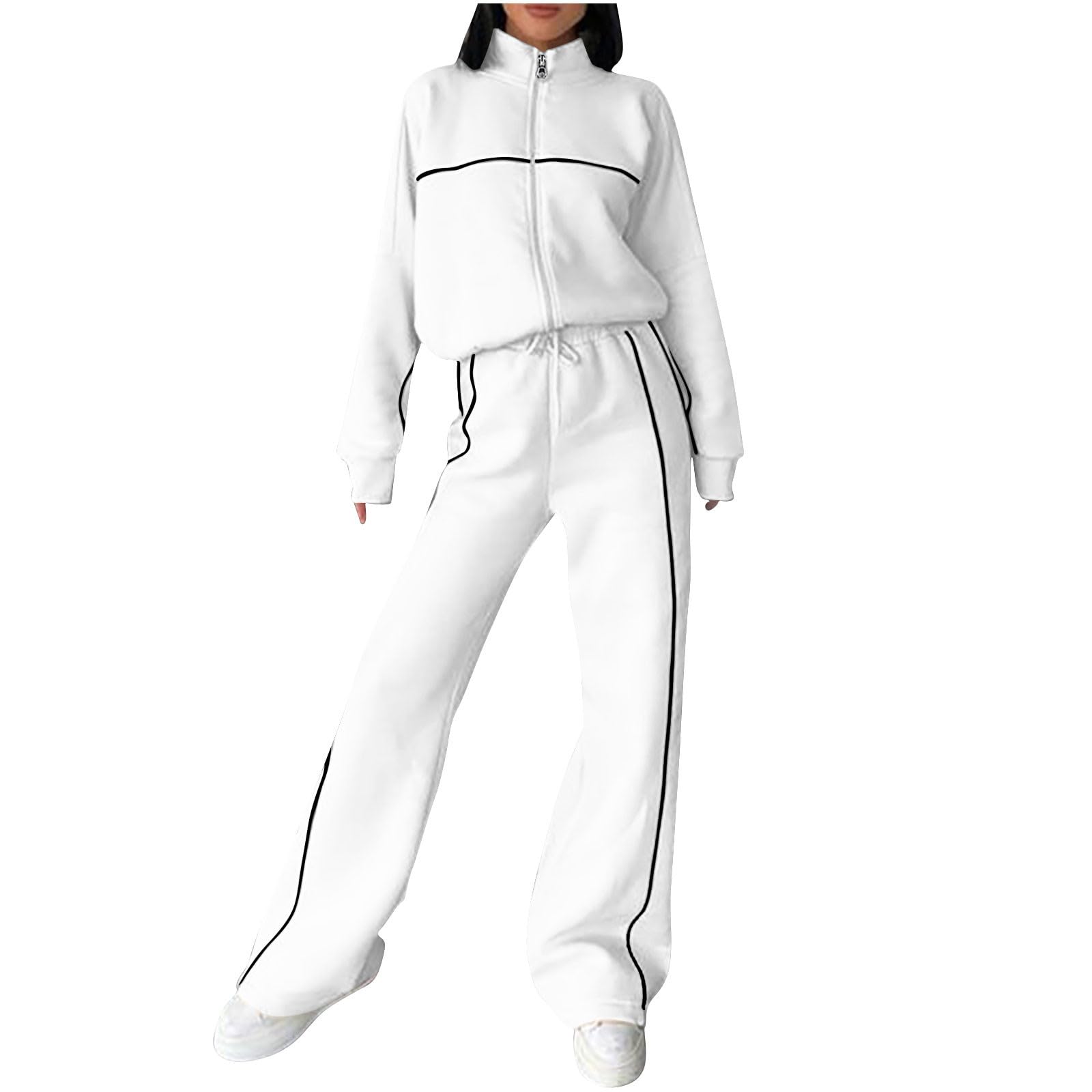 NSICBMNO Tracksuit Womens Full Set Loungewear Sets Autumn 2 Piece Outfits Zip Up Gym Jacket Straight Leg Joggers Striped Tracksuit Bottoms With Pockets Casual Co Ord Sets Airport Travel Outfit
