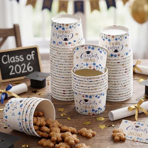 Image of Funnymoom 50 Pack Blue Wildflower Graduation Ice Cream Cups 9 oz Class of 2026 Congrats Grad Disposable Dessert Snack Cups Floral Graduation Paper Soup Bowls for College High School Party Supplies