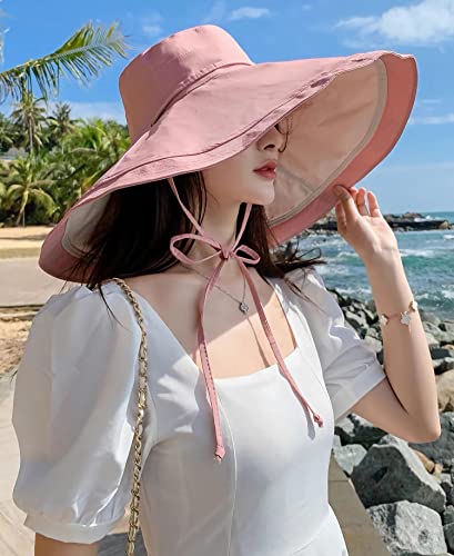 Image of HUAMULAN Women Sun Hat Summer Bucket Beach Boonie Cotton Cap Wide Brim UPF 50
