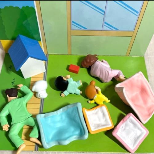 Image of Shinchan Sleeping Family Mini Figure Set | Cute Shin Chan Cartoon Sleeping Pose PVC Figurines with Shiro Dog House for Car Dash, Table & Shelf Decor | Anime Gift Set for Kids & Fans