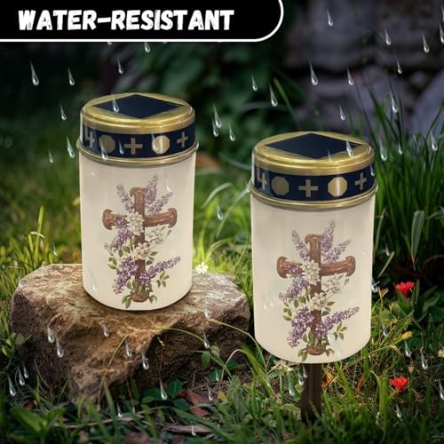 Image of Cross and Lavender Light for Prayer Cemetery Solar Lights for Grave Cemetery Decor Candle Lamp Waterproof Solar Power Light Eternal Lights for Graves Cemetery Memorial Gift 2 PCS