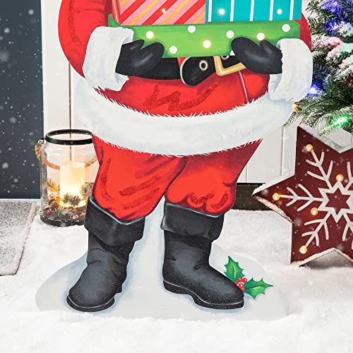 Image of Glitzhome 36 inch H Lighted Christmas Santa with Gifts Porch Sign Wooden Standing Santa Porch Decor Rustic Merry Christmas Welcome Sign Holiday Party Outdoor Indoor Xmas Decorations