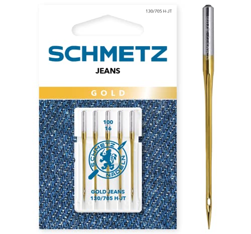 SCHMETZ Aiguilles pour Machines à Coudre 5 Aiguilles Gold Jeans | 130/705 H-JT | Grosseur d'aiguille : 100/16 | Conviennent pour Les travaux de Couture sur Jeans et Tissus similaires