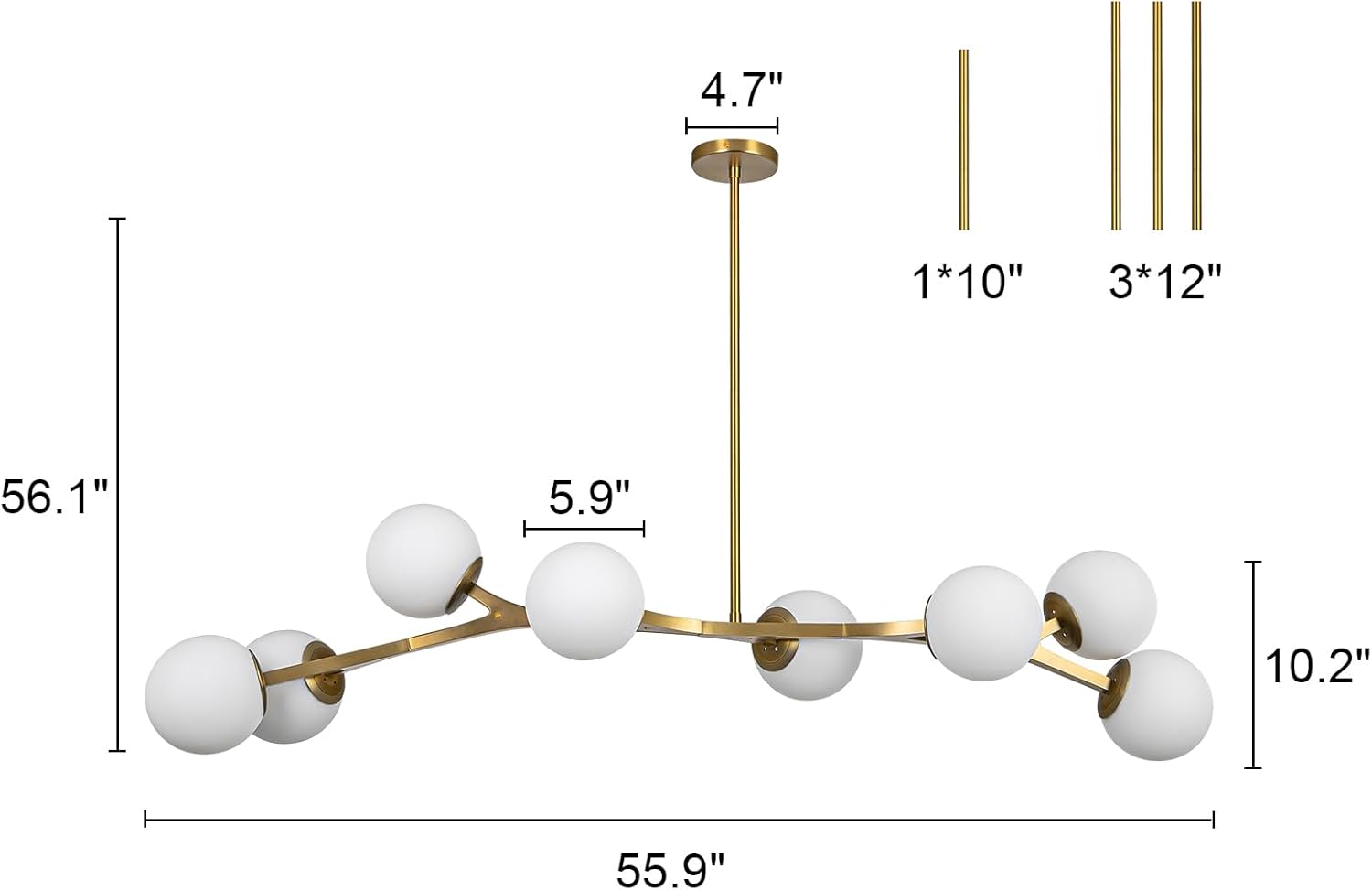 Lingkai 56" Large Brass Gold Modern Linear Chandeliers for Dining Room, Mid Century Modern Chandelier Pendant Light, 8-Light Globe Chandelier for Living Room Kitchen