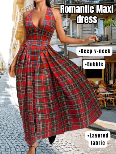 Image of ChiaoLezhee Deep V Neck Dress, Halter Maxi Dresses, Vacation Date Night, Sexy for Women Corset Flowy Wedding Guest Drop Waist