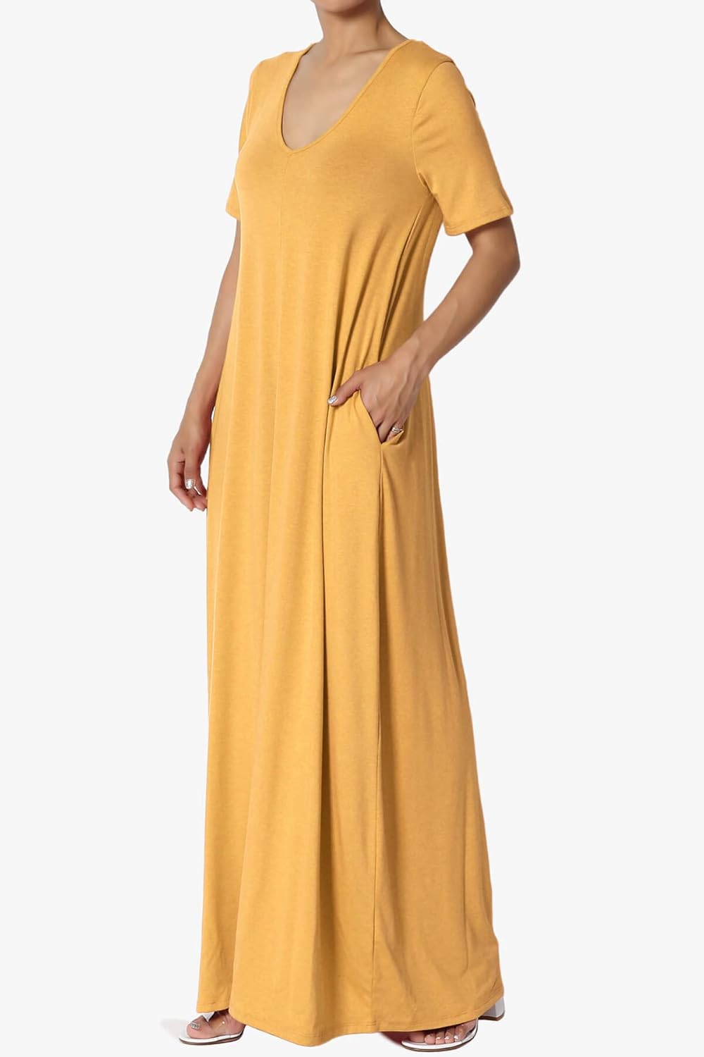 TheMogan Women's Casual V-Neck Short Sleeve Loose Fit Drapey Knit Long Maxi Dress with Pockets - Image 3