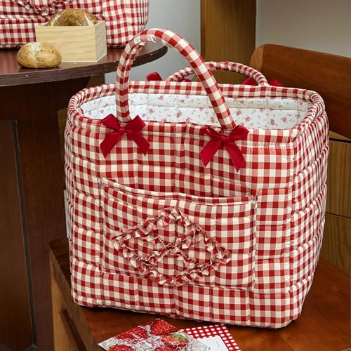 Image of Quilted Fabric Basket Car Storage Basket Boho Floral Laundry Hamper for Nursery Bedroom & Living Room | Organize Clothes Toys (Red Gingham Check)
