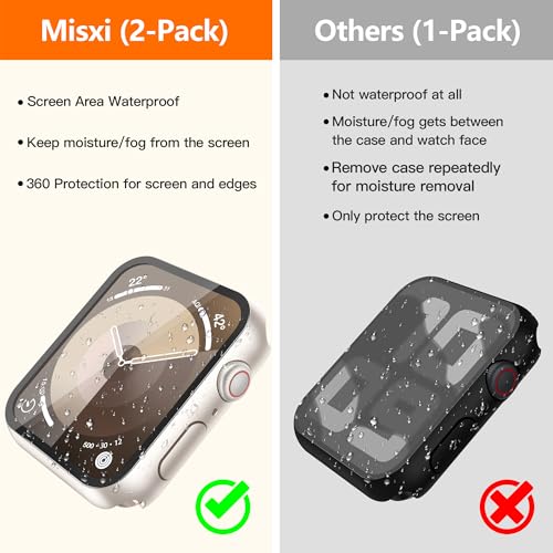 Image of Misxi [2 Pack Waterproof Anti-Scratch Case with Button for Apple Watch Series 9 Series 8 Series 7 41mm, Hard PC Cover with Tempered Glass Screen Protector for iWatch, Starlight