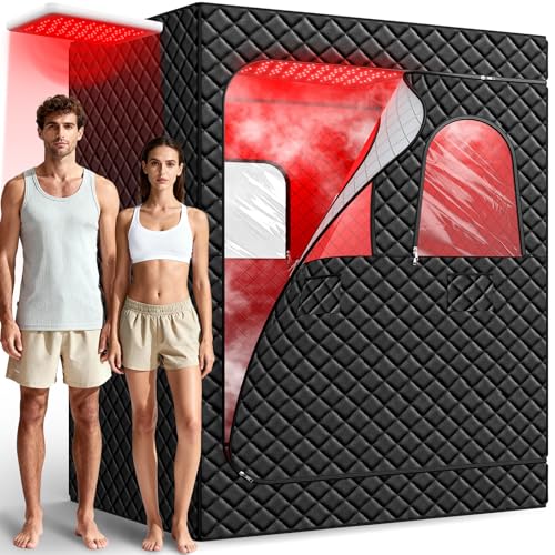 2 Person Infrared Sauna Box for Home, Portable Steam Sauna Room with 660nm+850nm Red Light Therapy Lamp, 5-Layer Waterproof, 2 Steamers, 2 Folding Chair, 2 People Red Light Sauna