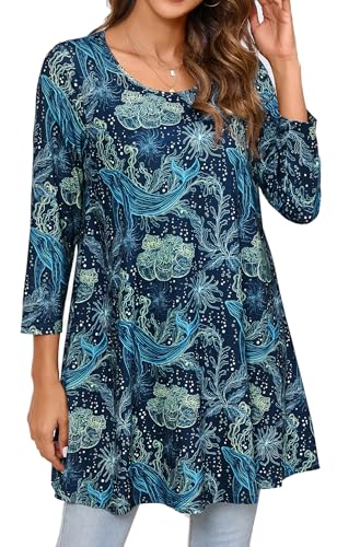 Enmain Damska tunika, koszulka z długim rękawem, rękawy 3/4, bluzka z długim rękawem, w kwiaty, paisley, elegancka, luźna, z okrągłym dekoltem, długa luźna bluzka S-5XL, XL