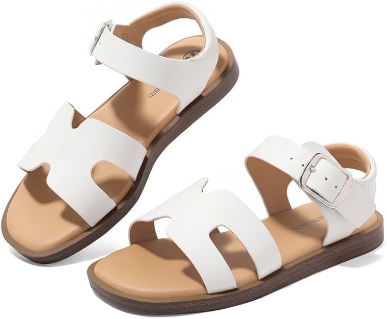 FUPPIA Girls Flat Sandals with Adjustable Buckle Open Toe NonSlip Casual Summer Shoes for Kids White 3