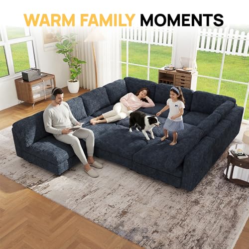 Image of Oversized Modular Sectional Chenille Sofa Bed with Hidden Storage, Comfy Modern 10 Seater Deep Seat Couch, Modular Sectional with Ottoman and Removable Cover for Living Room, Apartment, Black