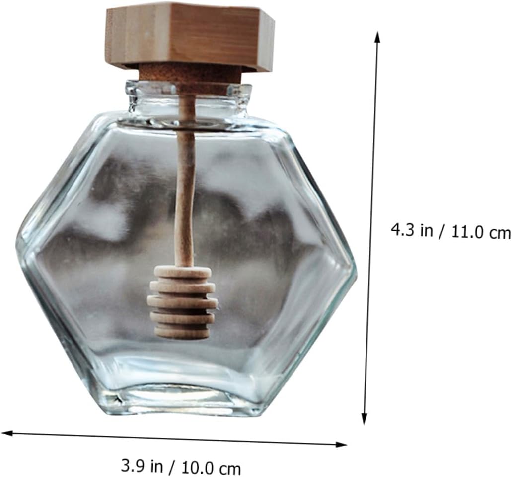 2Pcs Honey Jars and Wooden Lids Hexagonal Glass with 380ml Stirring Rods