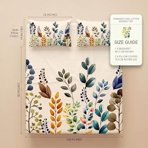 Image of SANMARINO 300TC Cloud Cotton King Size Bedsheet with 2 Pillow Covers | Super Soft & Breathable | Luxury Floral Pixel Bloom Digital Print Bedding Set | 228x254 cm | Autumn Leaves Blue Mustard