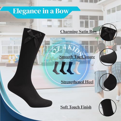 Girls Plain Knee High Socks With Ribbon Bow Pack of 3 Classic Comfortable Kids Cotton Socks for School Footwear3