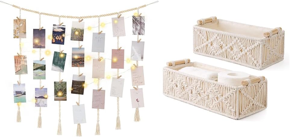 Mkono Macrame Hanging Photo Display with Lights and Macrame Storage Baskets for Bedroom, Living Room, Nursery, Dorm, Teen Girl Gifts, Set of 3