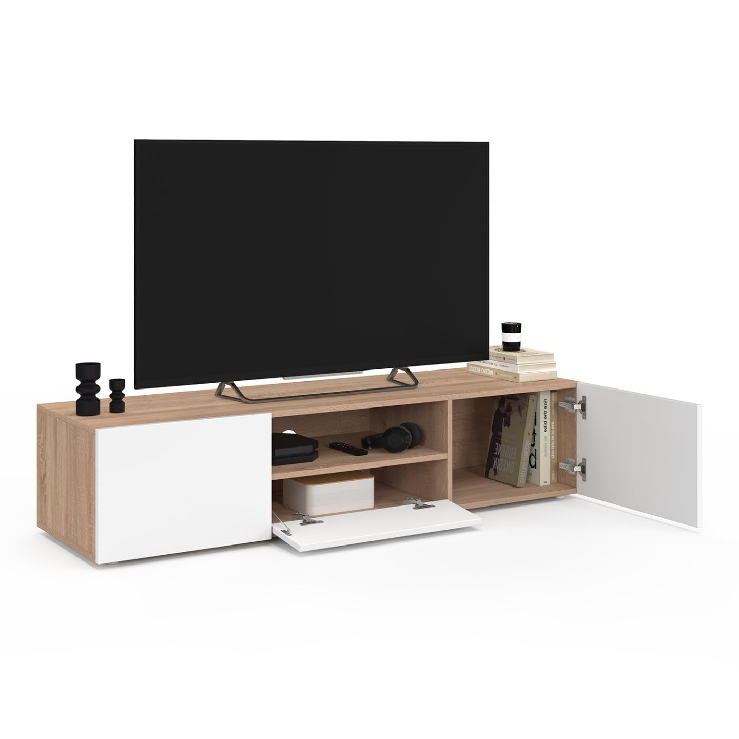 IDMarket - Meuble TV 140 cm ELI Bois façon hêtre Portes Blanches