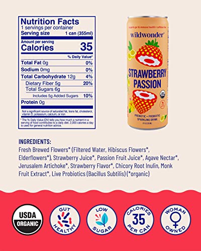Wildwonder Sparkling Probiotic Juice Drink W/Gut Health Immunity & Digestion Support, 5G Fiber & Live Probiotics, Caffeine Free, Organic, Vegan, Low Sugar & Calorie, 12Pk 12Oz Can Bundlen #TOP3