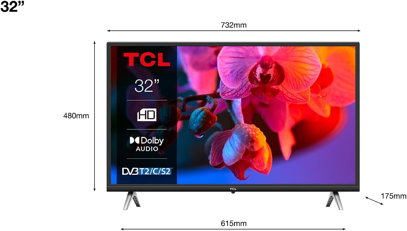 TCL 32D4300, TV LED Slim 32 pollici, HD (Risoluzione 1366 x 768 pixels), Dolby Audio, Nero [Classe di efficienza energetica F]
