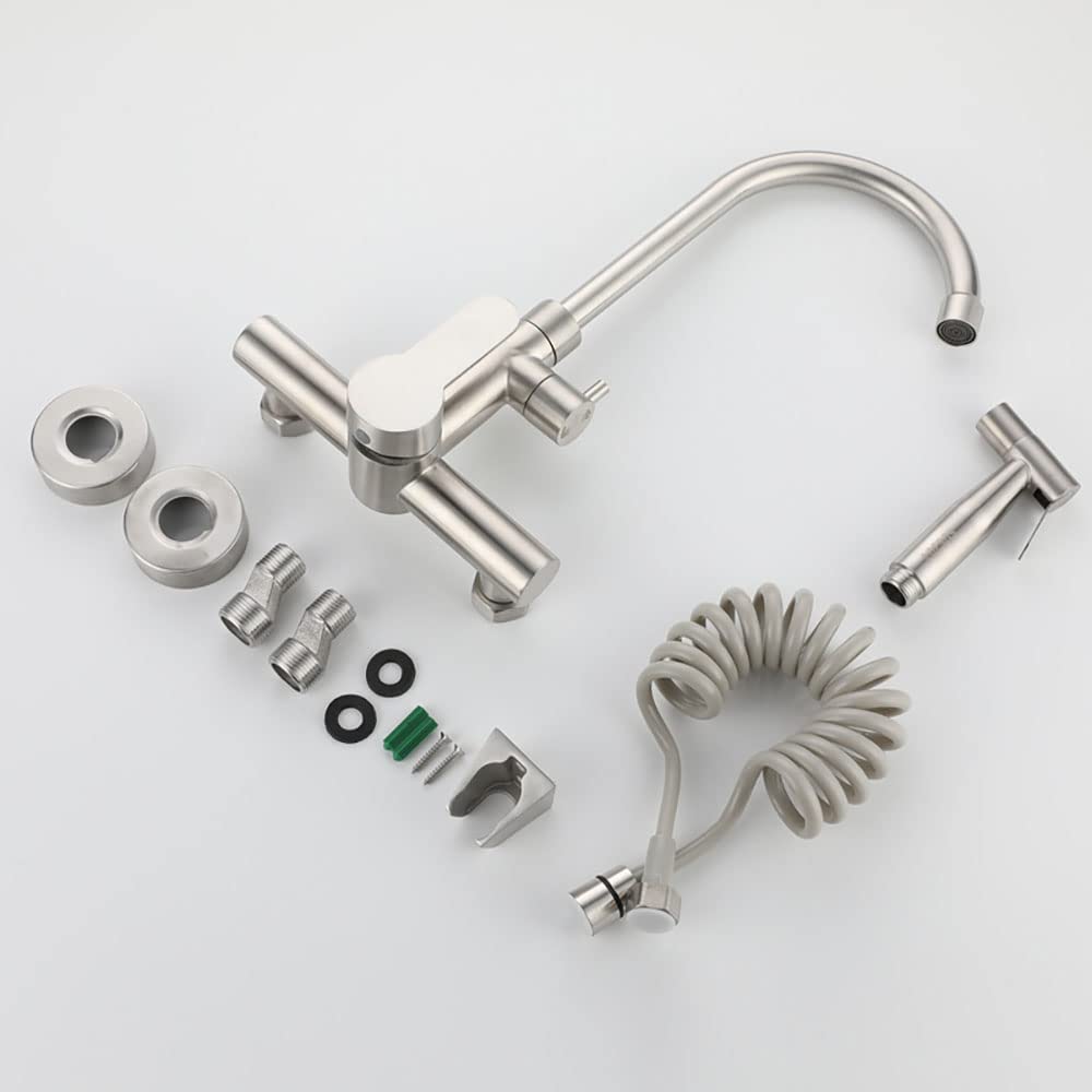 HomeLava Wasserhahn Küche Wandarmatur Wandmontage 360° Drehbare Edelstahl Spültischarmatur Kalt und Heiß Einhebelmischer Küchenarmatur Armatur mit Spritzpistole, Gebürstet