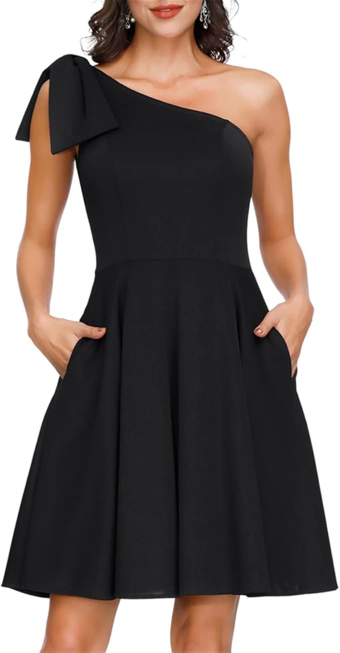 JASAMBAC Women's Bow One Shoulder Dress with Pockets A-line Cocktail Party Dress