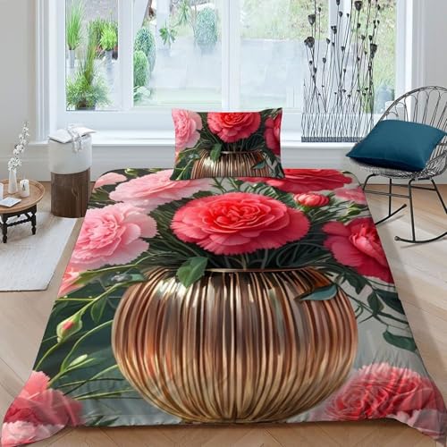 Housse de Couette Fleurs Rouges Microfibre Lit Simple 135x200 Parure de Lit Plantes Imprimé 3D - 3