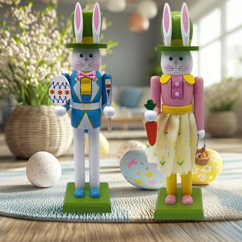 image for Eforcase 2PCS Easter Nutcracker Figurine Decor Wooden Bunny Nutcracker