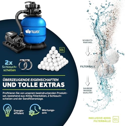 Bild 3 - tillvex® Sandfilteranlage Pool 7.900L/h inkl. 400g Filterbälle | Filteranlage 7-Wege Ventil & 2in1 Adapter Ø32mm - 38mm | Poolfilter mit Druckanzeige | Sandfilter für Schwimmbecken (Blau)