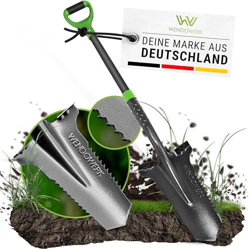 WENDOWERK®️ Spaten mit Wurzelsäge - Wurzelspaten mit extra breiter Trittfläche für harte Böden & ergonomischen Griff - Spaten mit Wurzelsäge für einfaches Graben im Garten - Stabiler Gartenspaten