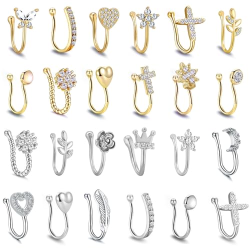 TAMHOO 24pcs Fake Nose Ring for Women,Gold Plated Nose Rings for Women,CZ Nose Cuffs for Non Pierced Nose,
