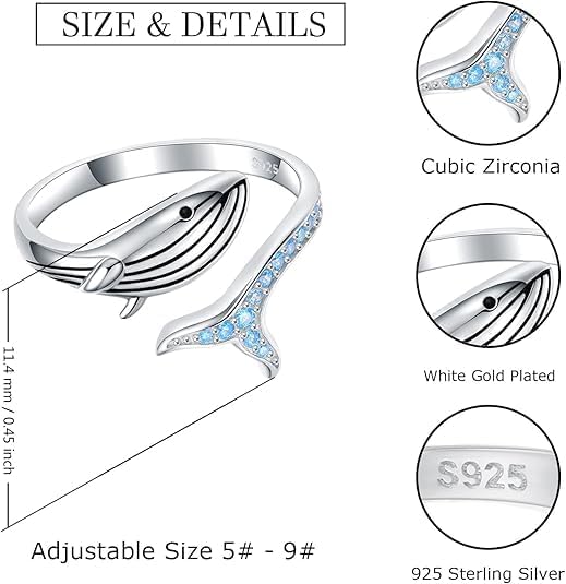 925 Sterling Silver Whale Ring with Blue Cubic Zirconia, Adjustable Size 6-9, White Gold Plated, Mother's Day Gift for Women Mother and Daughter - Image 5